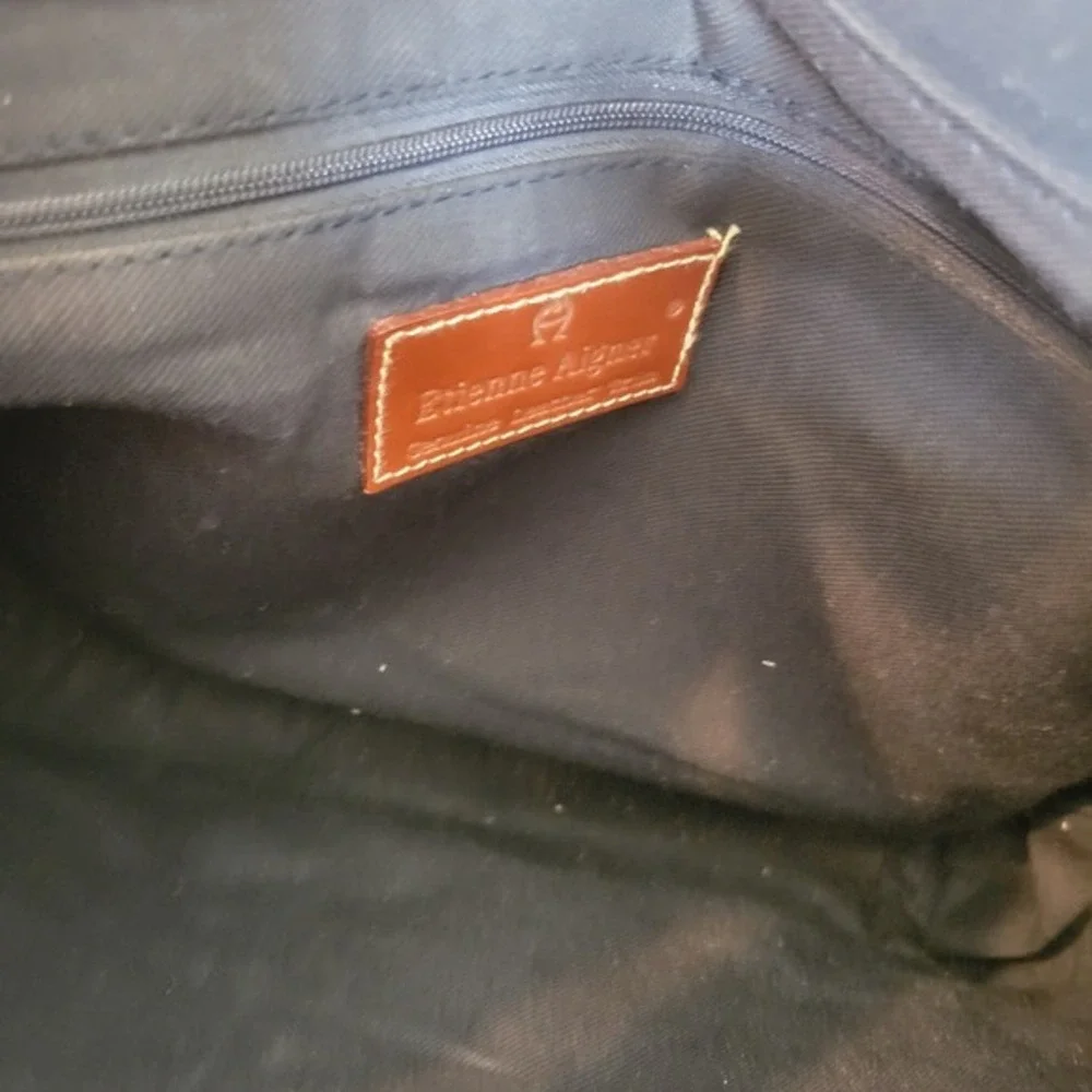 Etienne Aigner Canvas Shoulder Tote Bag Purse Navy Blue Brown‎
